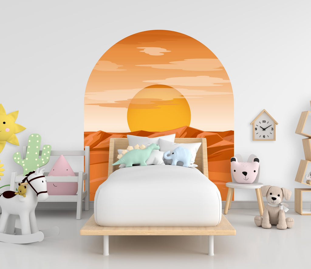 Desert Sunset Wall Arch Decal, Camels Desert Sun, Tranquil Desert Landscape | Earth Tone Home Decor, Headboard Decor, Wall Arch Decal 618LU