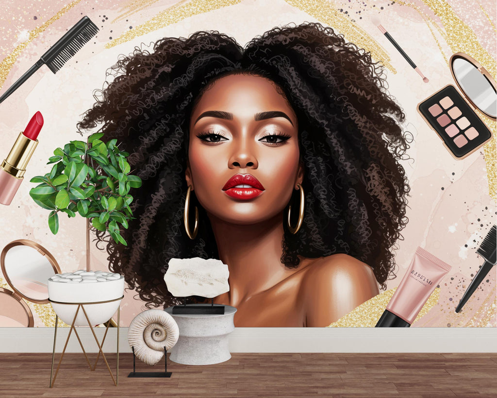 Beauty Salon wallpaper, Beautiful Afro women wall mural, Eyelashes wallpaper, Office Decor, Business Wall Decal, Wall Art Office 653RS