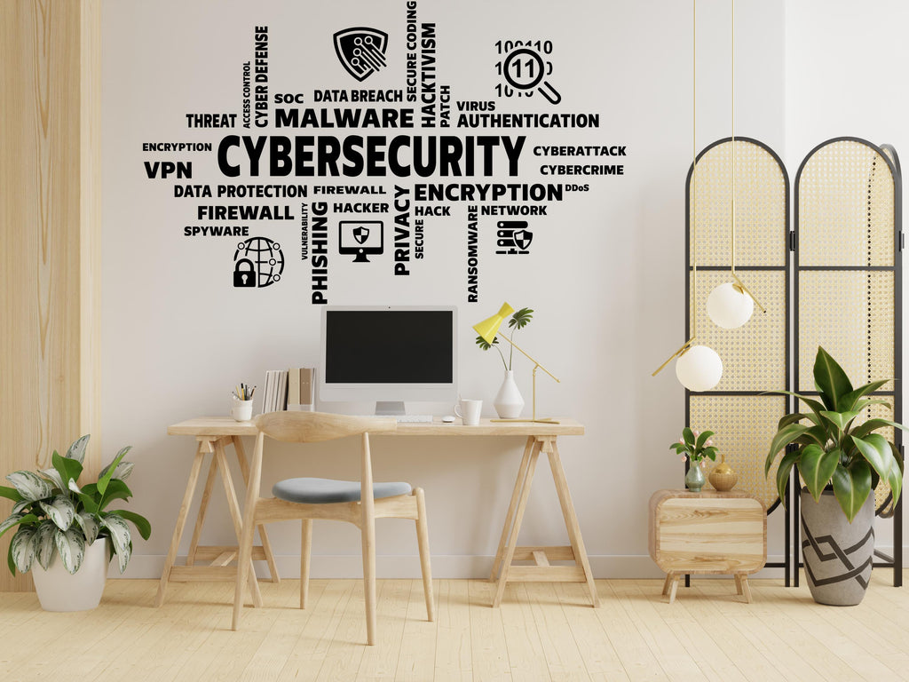 Cybersecurity Word Cloud Wall Decal | Hacker, Encryption, Malware & Tech Security Vinyl Sticker | Custom Cyber Security Office Decor 624LU
