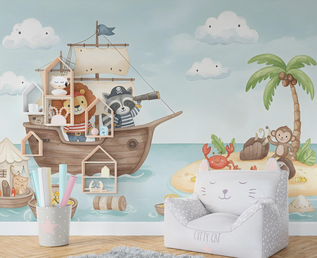 Lion Pirate Wall Decal | Raccoon Pirate Wall Mural | Sea Wallpaper | Treasure and Palm Wall Art | Pirate Room art 618RS