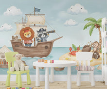 Load image into Gallery viewer, Lion Pirate Wall Decal | Raccoon Pirate Wall Mural | Sea Wallpaper | Treasure and Palm Wall Art | Pirate Room art 618RS
