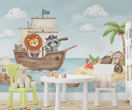 Lion Pirate Wall Decal | Raccoon Pirate Wall Mural | Sea Wallpaper | Treasure and Palm Wall Art | Pirate Room art 618RS