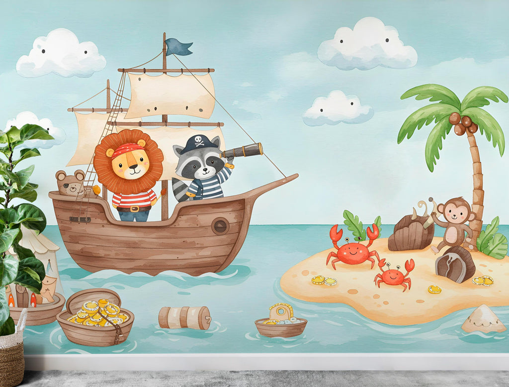 Lion Pirate Wall Decal | Raccoon Pirate Wall Mural | Sea Wallpaper | Treasure and Palm Wall Art | Pirate Room art 618RS