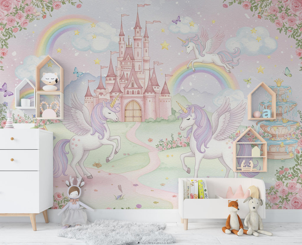 Unicorn Princess Castle Wall Graphics Peel and Stick Girl room Wallpaper Nursery Self Adhesive Rainbow nursery wall decor Mural 619RS