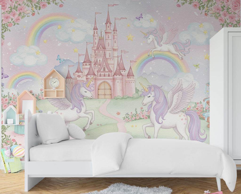 Unicorn Princess Castle Wall Graphics Peel and Stick Girl room Wallpaper Nursery Self Adhesive Rainbow nursery wall decor Mural 619RS