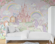 Load image into Gallery viewer, Unicorn Princess Castle Wall Graphics Peel and Stick Girl room Wallpaper Nursery Self Adhesive Rainbow nursery wall decor Mural 619RS