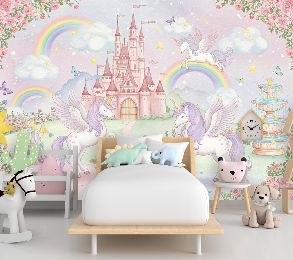 Unicorn Princess Castle Wall Graphics Peel and Stick Girl room Wallpaper Nursery Self Adhesive Rainbow nursery wall decor Mural 619RS