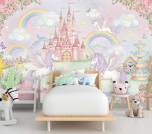 Load image into Gallery viewer, Unicorn Princess Castle Wall Graphics Peel and Stick Girl room Wallpaper Nursery Self Adhesive Rainbow nursery wall decor Mural 619RS