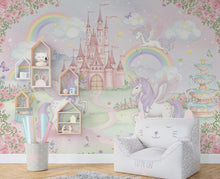 Load image into Gallery viewer, Unicorn Princess Castle Wall Graphics Peel and Stick Girl room Wallpaper Nursery Self Adhesive Rainbow nursery wall decor Mural 619RS