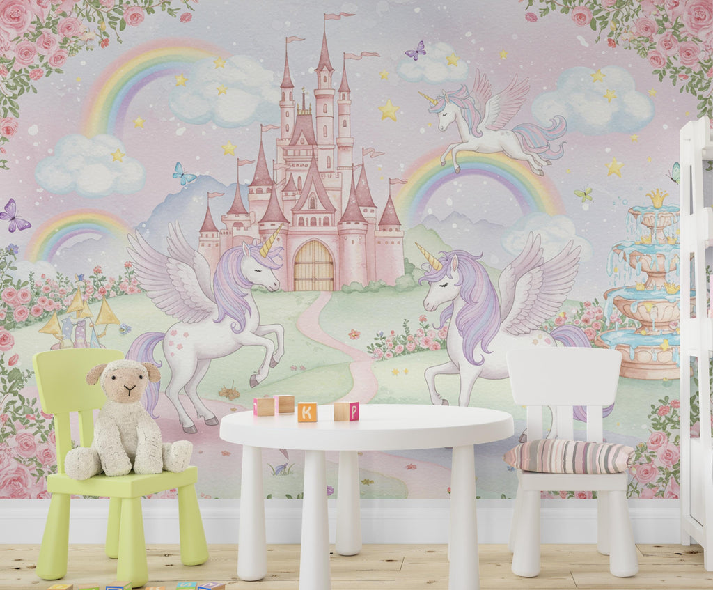 Unicorn Princess Castle Wall Graphics Peel and Stick Girl room Wallpaper Nursery Self Adhesive Rainbow nursery wall decor Mural 619RS