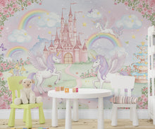 Load image into Gallery viewer, Unicorn Princess Castle Wall Graphics Peel and Stick Girl room Wallpaper Nursery Self Adhesive Rainbow nursery wall decor Mural 619RS
