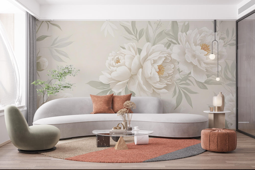 White Peony Wall Graphics Peel and Stick Flower room Wallpaper Peony Self Adhesive Watercolor nursery wall decor Mural 622RS