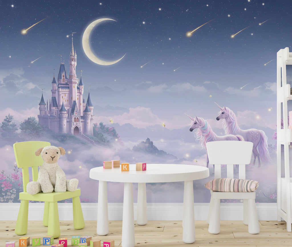 Unicorn Princess Castle Wall Graphics Peel and Stick Girl room Wallpaper Nursery Self Adhesive Rainbow nursery wall decor Mural 623RS