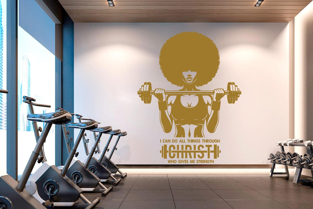 With Gods all things are Possible Afro American Fitness Wall Decal Afro Girl Workout Wall Decal Gym Wall Decor Motivational Wall Decal 632RS