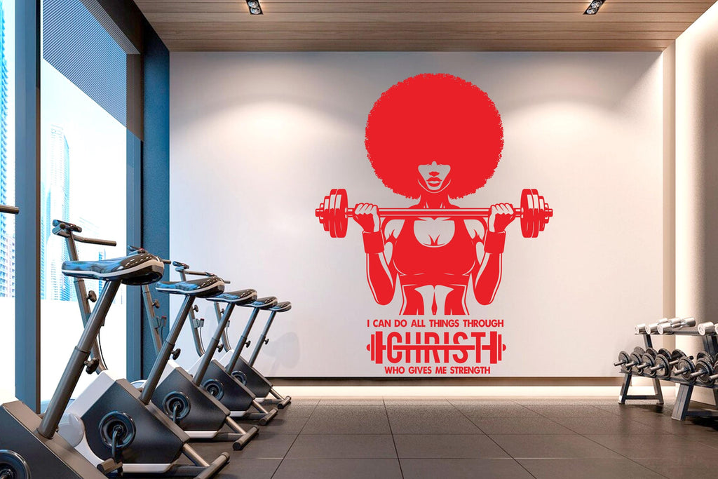 With Gods all things are Possible Afro American Fitness Wall Decal Afro Girl Workout Wall Decal Gym Wall Decor Motivational Wall Decal 632RS