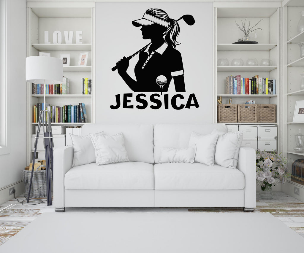 Personalized Golf Girl Wall Decal, Custom Name Golf Sticker, Female Golfer Silhouette Wall Art, Girls Room Decor, Gift for Golf Lover 630LU