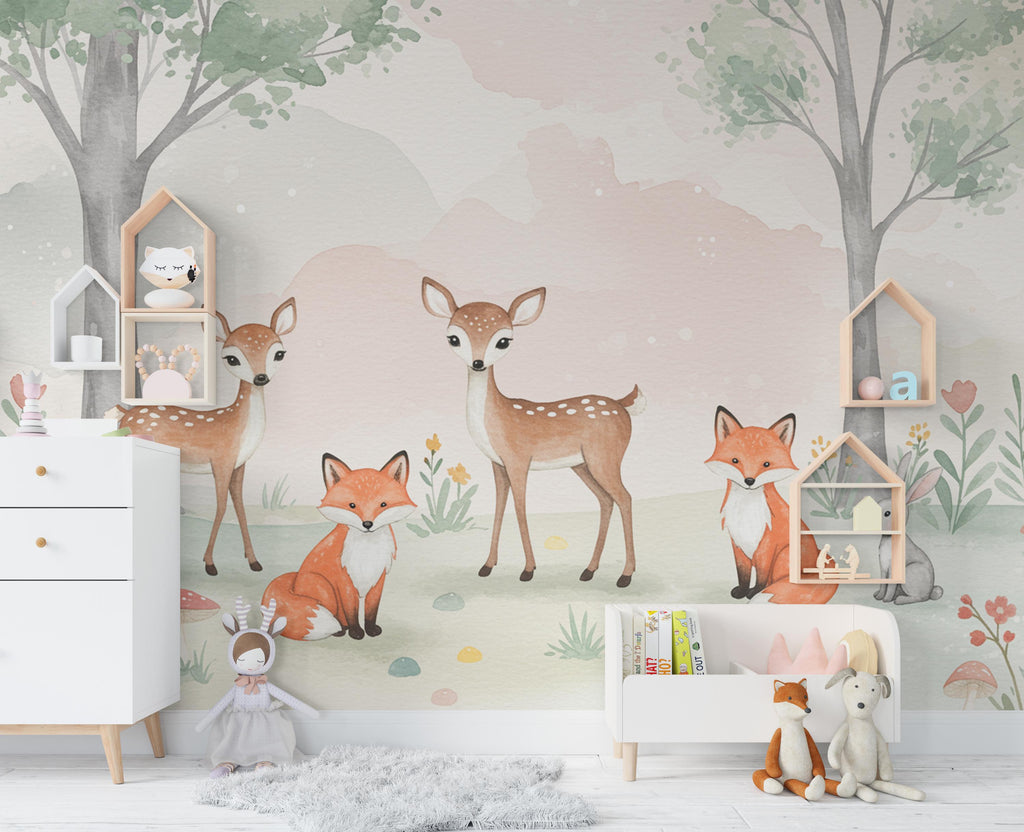 Woodland Animals Wall Graphics Fox Peel and Stick Girl room Forest Wallpaper Nursery Self Adhesive Nursery wall decor Mural 662RS
