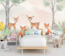 Load image into Gallery viewer, Woodland Animals Wall Graphics Fox Peel and Stick Girl room Forest Wallpaper Nursery Self Adhesive Nursery wall decor Mural 662RS