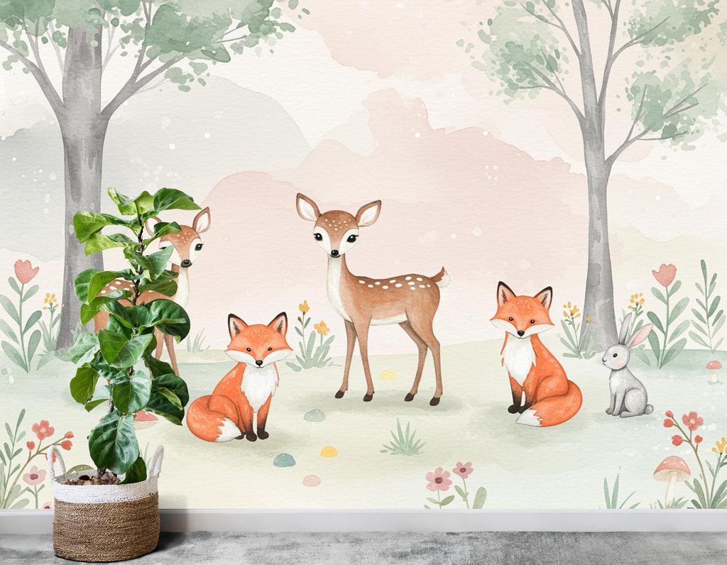 Woodland Animals Wall Graphics Fox Peel and Stick Girl room Forest Wallpaper Nursery Self Adhesive Nursery wall decor Mural 662RS