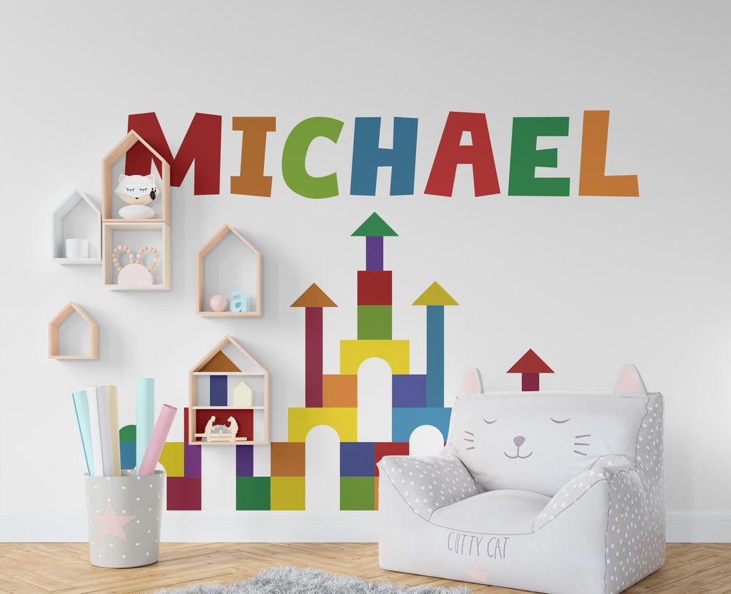 Personalized Kids Name Castle Wall Decal – Colorful Building Block Nursery Sticker, Custom Playroom Wall Art, Bedroom Decoration 633LU