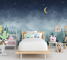 Load image into Gallery viewer, Magical Night Forest Wallpaper Watercolor Woodland Mural with Moon Stars Enchanted Forest Wall Art for Nursery Bedroom or Living Room 665RS