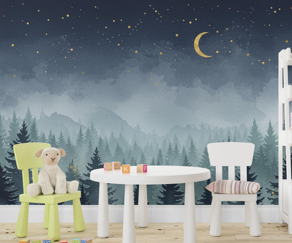 Magical Night Forest Wallpaper Watercolor Woodland Mural with Moon Stars Enchanted Forest Wall Art for Nursery Bedroom or Living Room 665RS