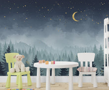 Load image into Gallery viewer, Magical Night Forest Wallpaper Watercolor Woodland Mural with Moon Stars Enchanted Forest Wall Art for Nursery Bedroom or Living Room 665RS