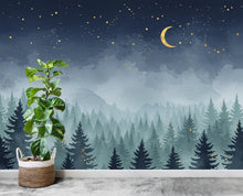 Load image into Gallery viewer, Magical Night Forest Wallpaper Watercolor Woodland Mural with Moon Stars Enchanted Forest Wall Art for Nursery Bedroom or Living Room 665RS