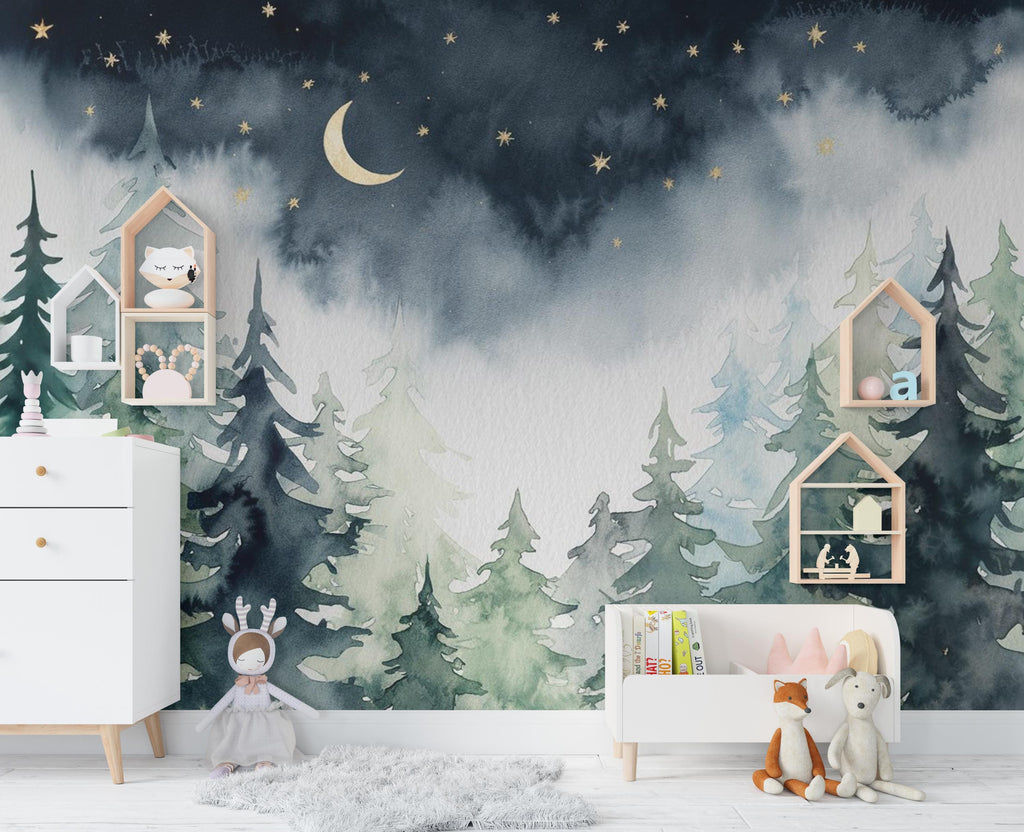 Magical Night Forest Wallpaper Watercolor Woodland Mural with Moon Stars Enchanted Forest Wall Art for Nursery Bedroom or Living Room 666RS