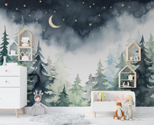 Load image into Gallery viewer, Magical Night Forest Wallpaper Watercolor Woodland Mural with Moon Stars Enchanted Forest Wall Art for Nursery Bedroom or Living Room 666RS