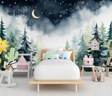 Load image into Gallery viewer, Magical Night Forest Wallpaper Watercolor Woodland Mural with Moon Stars Enchanted Forest Wall Art for Nursery Bedroom or Living Room 666RS