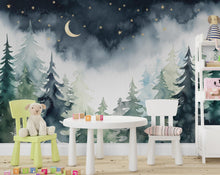 Load image into Gallery viewer, Magical Night Forest Wallpaper Watercolor Woodland Mural with Moon Stars Enchanted Forest Wall Art for Nursery Bedroom or Living Room 666RS