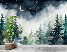 Load image into Gallery viewer, Magical Night Forest Wallpaper Watercolor Woodland Mural with Moon Stars Enchanted Forest Wall Art for Nursery Bedroom or Living Room 666RS