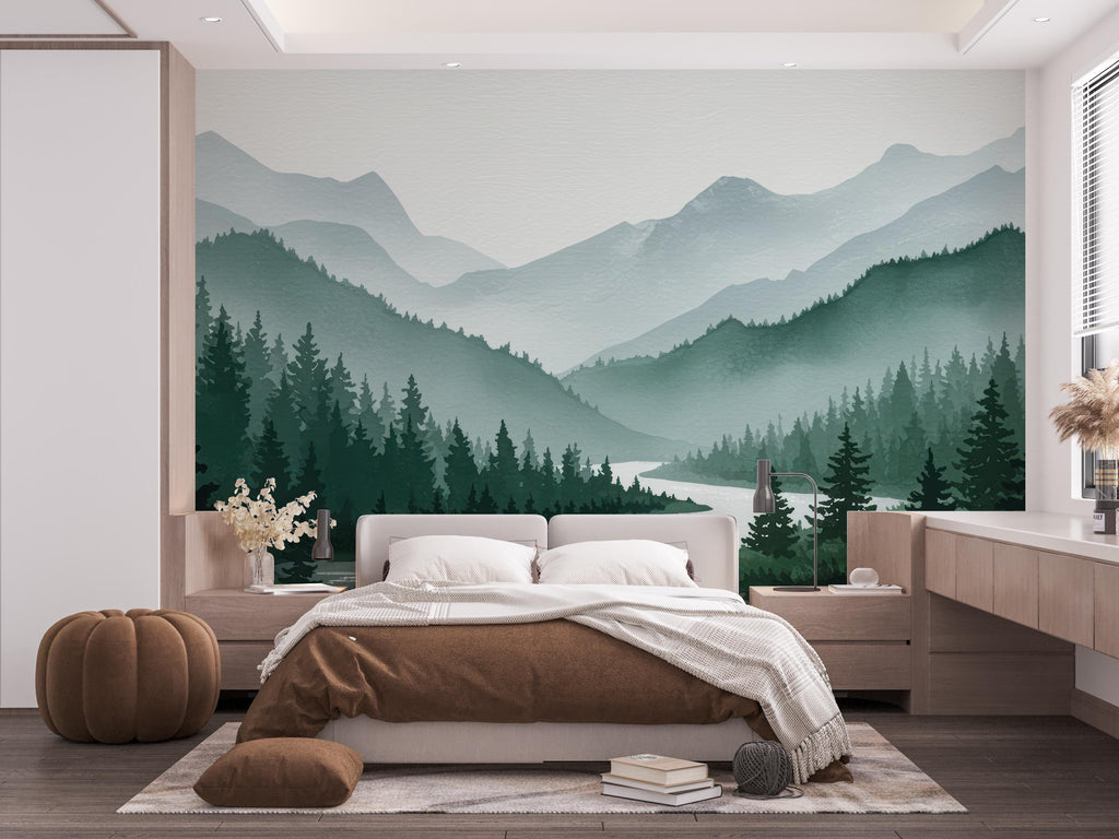 Mountain Foggy Wall Graphics River Peel and Stick Forest room Wallpaper Nursery Self Adhesive Removable nursery wall decor Mural 638RS