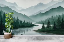 Load image into Gallery viewer, Mountain Foggy Wall Graphics River Peel and Stick Forest room Wallpaper Nursery Self Adhesive Removable nursery wall decor Mural 638RS
