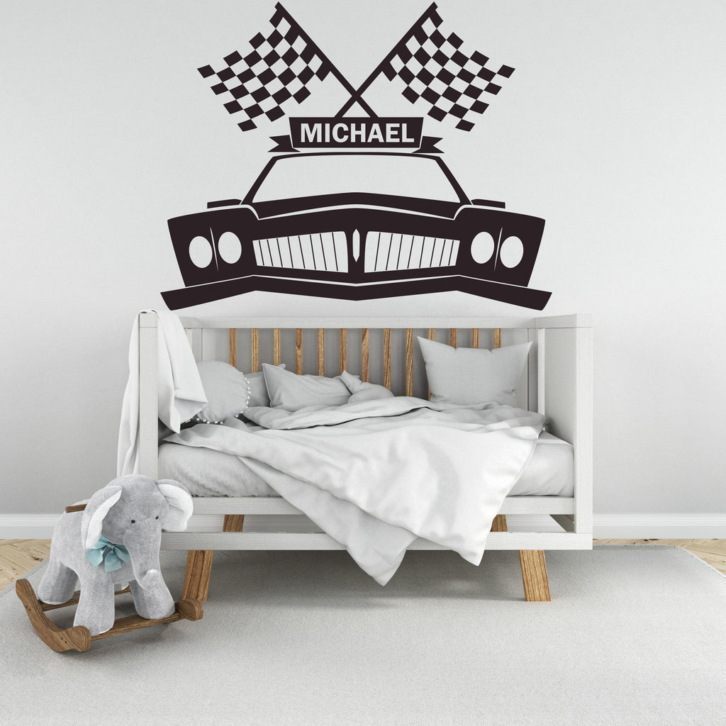 Racing Flag Car Wall Decal Highway Vinyl Sticker Personalized Name Wall Decor Kids Playroom Boys Room Wall Art Bedroom Mural Sticker 660LU