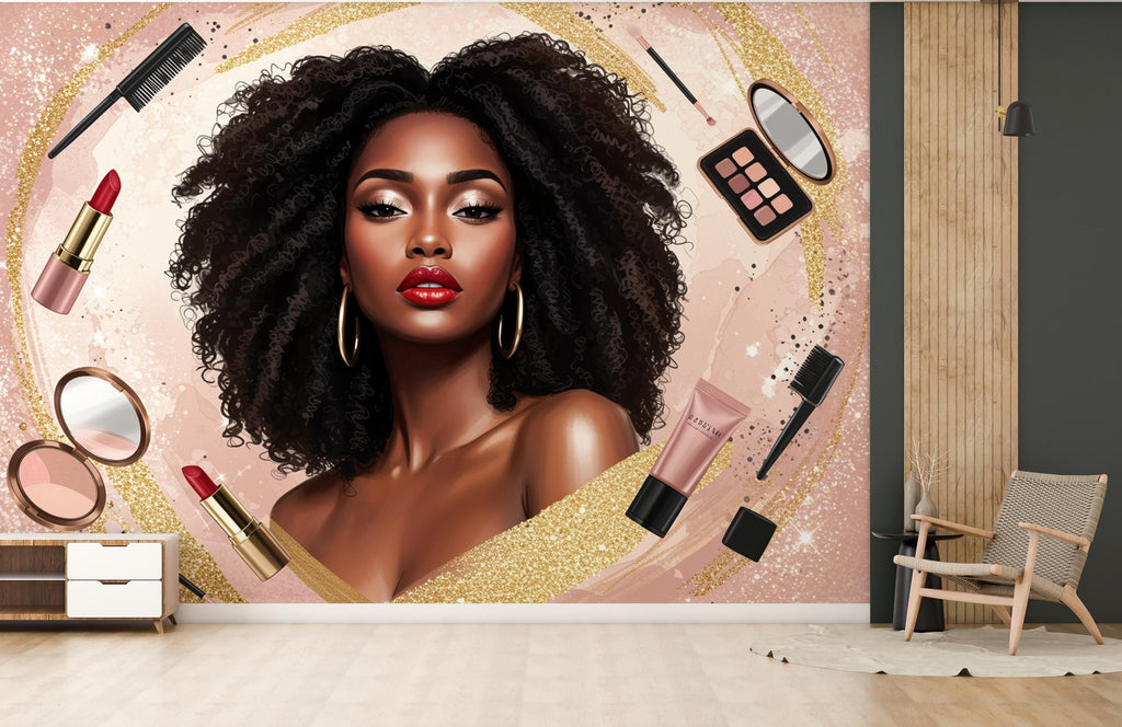 Beauty Salon wallpaper, Beautiful Afro women wall mural, Eyelashes wallpaper, Office Decor, Business Wall Decal, Wall Art Office 653RS