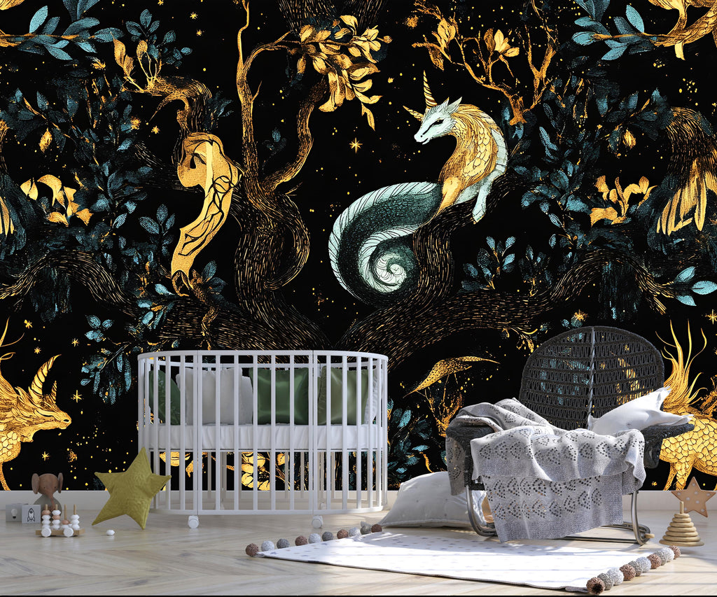 Mythical Unicorn Medieval Wallpaper, Dark Castle Botanical Wallpaper Secret Garden at Night, Whimsical Wallpaper