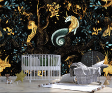 Load image into Gallery viewer, Mythical Unicorn Medieval Wallpaper, Dark Castle Botanical Wallpaper Secret Garden at Night, Whimsical Wallpaper