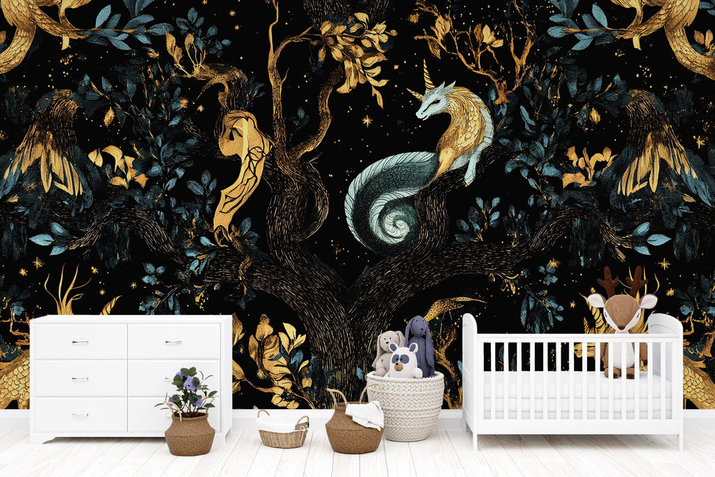 Mythical Unicorn Medieval Wallpaper, Dark Castle Botanical Wallpaper Secret Garden at Night, Whimsical Wallpaper