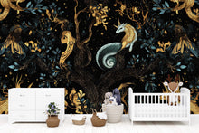 Load image into Gallery viewer, Mythical Unicorn Medieval Wallpaper, Dark Castle Botanical Wallpaper Secret Garden at Night, Whimsical Wallpaper