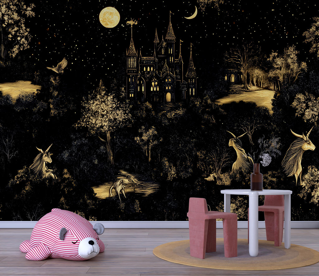 Mythical Unicorn Medieval Wallpaper, Dark Castle Botanical Wallpaper Secret Garden at Night, Whimsical Wallpaper Gold and Black wallpaper