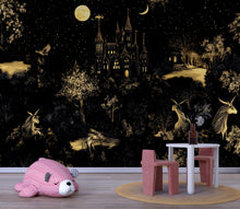 Load image into Gallery viewer, Mythical Unicorn Medieval Wallpaper, Dark Castle Botanical Wallpaper Secret Garden at Night, Whimsical Wallpaper Gold and Black wallpaper