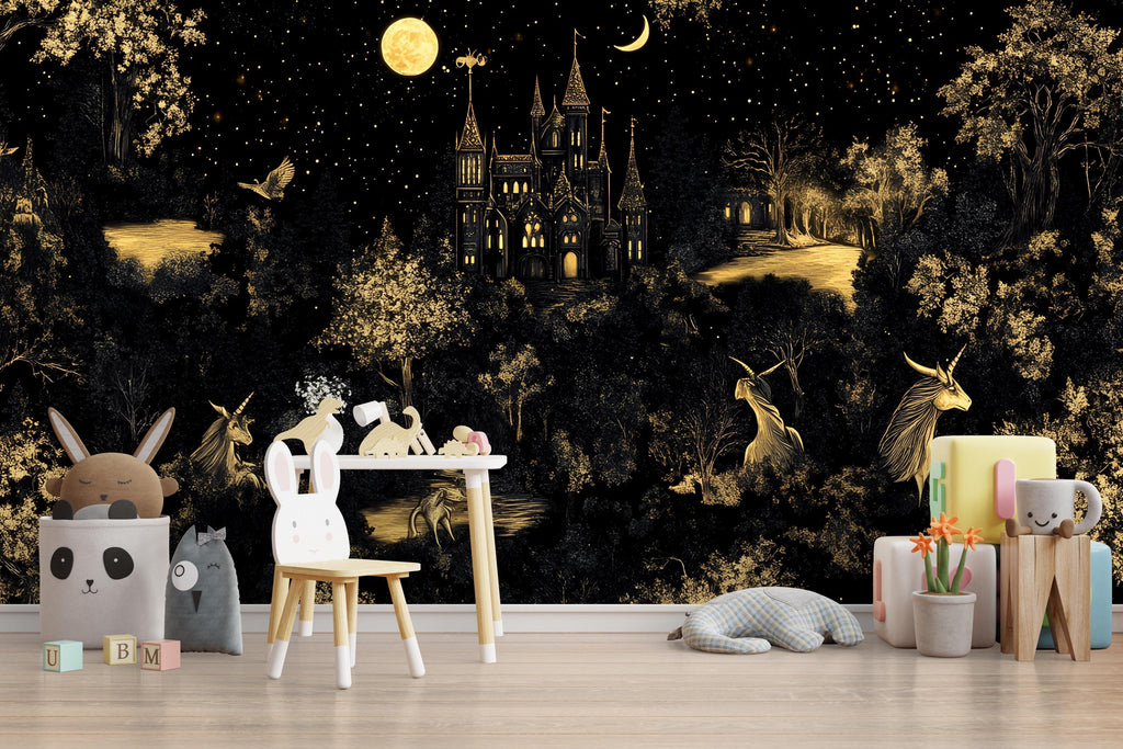 Mythical Unicorn Medieval Wallpaper, Dark Castle Botanical Wallpaper Secret Garden at Night, Whimsical Wallpaper Gold and Black wallpaper