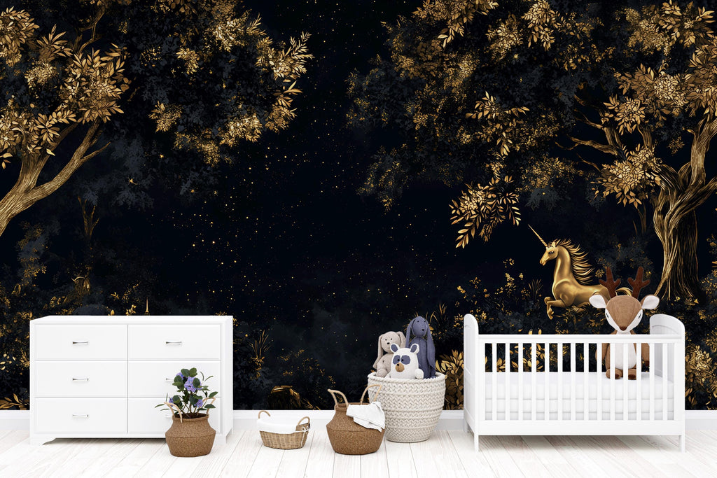 Medieval Dark Wallpaper, Dark Botanical magical forest mural dark botanical, secret garden mural, Unicorn Wallpaper, Botanical Wallpaper