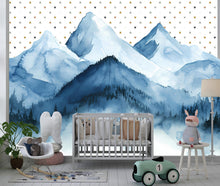 Load image into Gallery viewer, Mountain Wall Decal / Mountain Wall Mural / Woodland Wall Mural / Forest Wall Mural / Pine Tree Wall Decal / Peel and Stick vn034