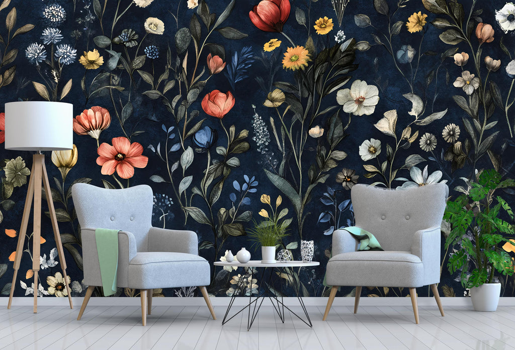 Dark Whimsical Wallpaper – Secret Garden Peel and Stick, Magical Forest Mural, Medieval Botanical Design