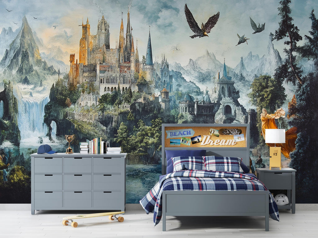 Whimsical Wallpaper – Secret Castle Peel & Stick, Magical Forest Mural, Medieval Fantasy Castle, Magical Forest Wallpaper, Medieval Forest