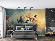 Load image into Gallery viewer, Magical Castle Wallpaper – Fantasy Peel and Stick Mural, Whimsical Bird Wallpaper, Medieval Magic Wall Art, Moody Wallpaper