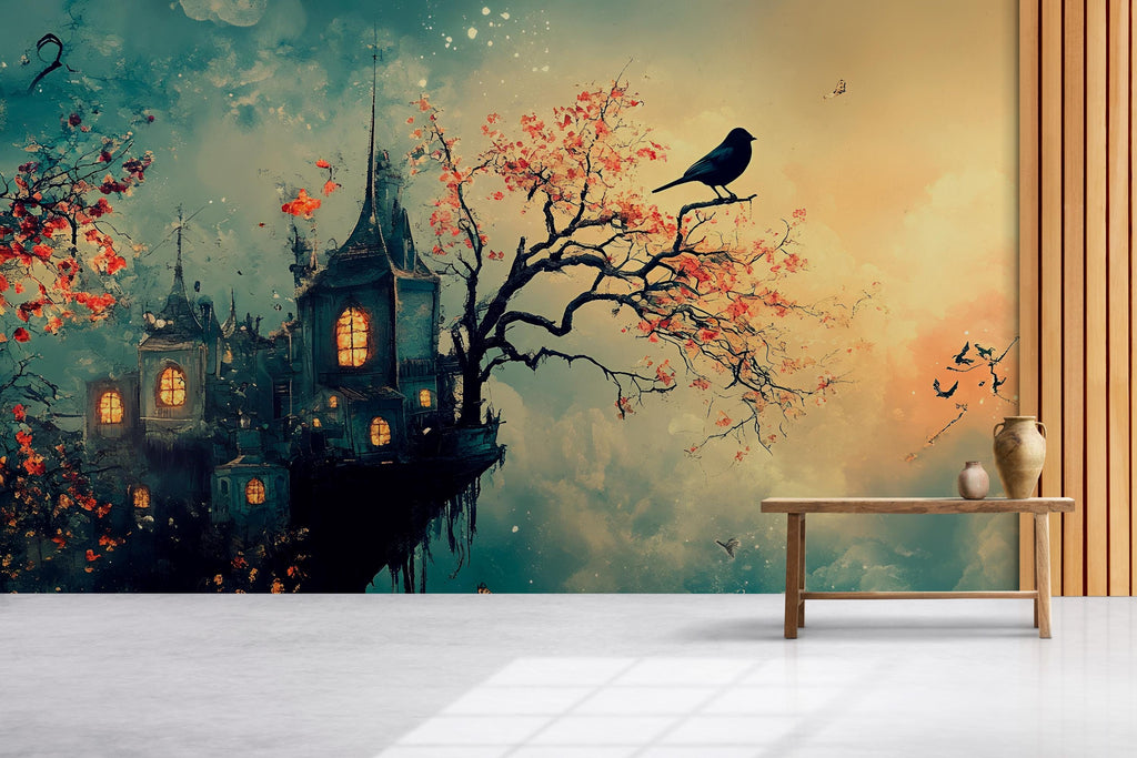 Magical Castle Wallpaper – Fantasy Peel and Stick Mural, Whimsical Bird Wallpaper, Medieval Magic Wall Art, Moody Wallpaper